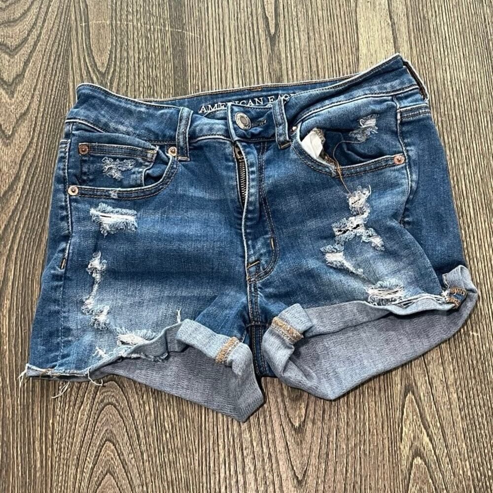 American Eagle Hi-Rise Shortie Shorts Distressed Denim Dark Wash Blue Size 6